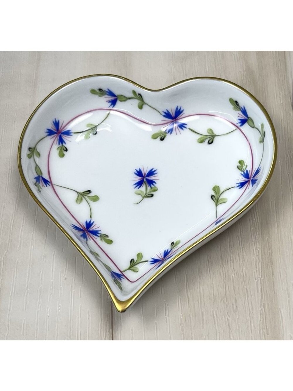 HEREND Hungary 4" Blue Garland Porcelain Small Heart TRINKET TRAY 24K Gold Trim